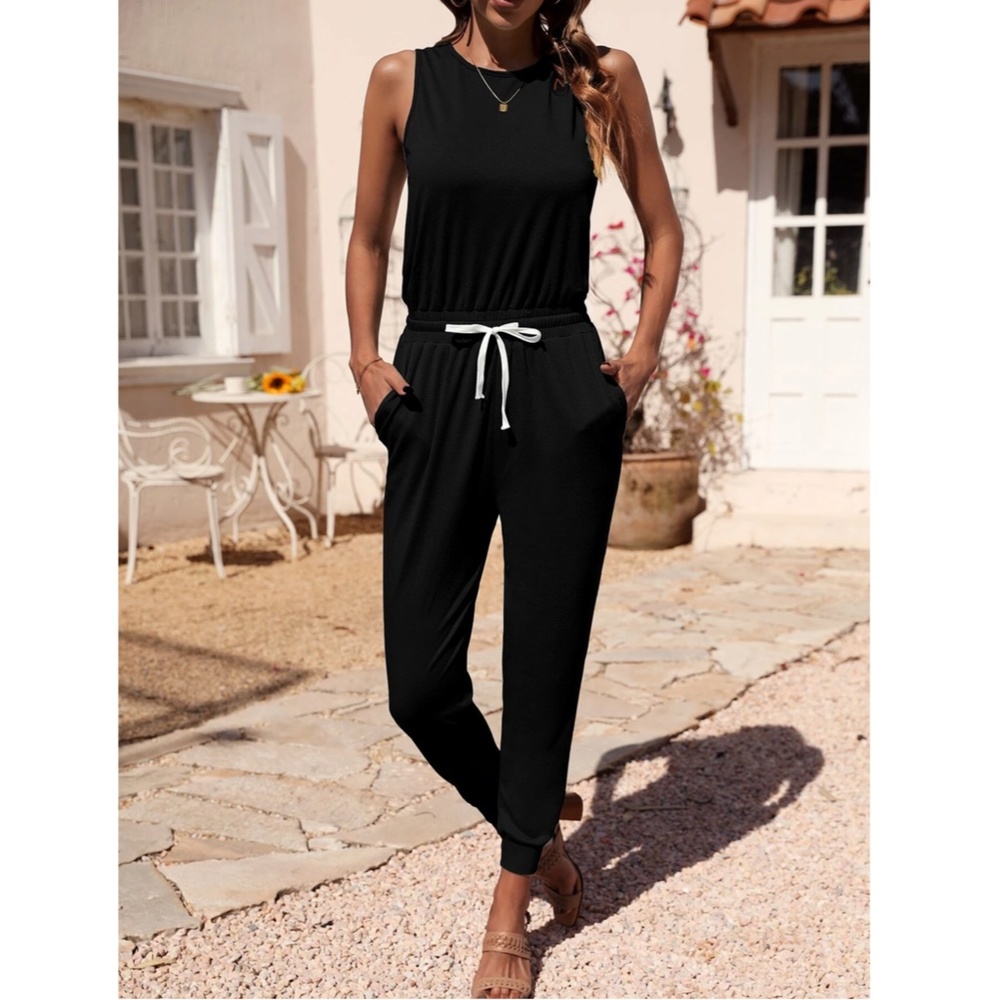 Left Shoulder Cut Out Black Jumpsuit Casual White Contrast Drawstring, Pockets - Picture 3 of 9